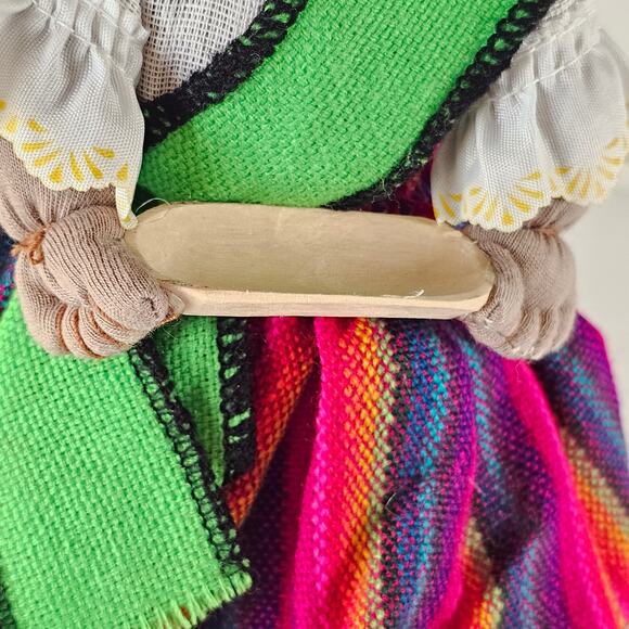 Handmade Bolivian Cloth Doll 9" Traditional Dress Red Hat Colorful Skirt & Beads - Picture 11 of 16